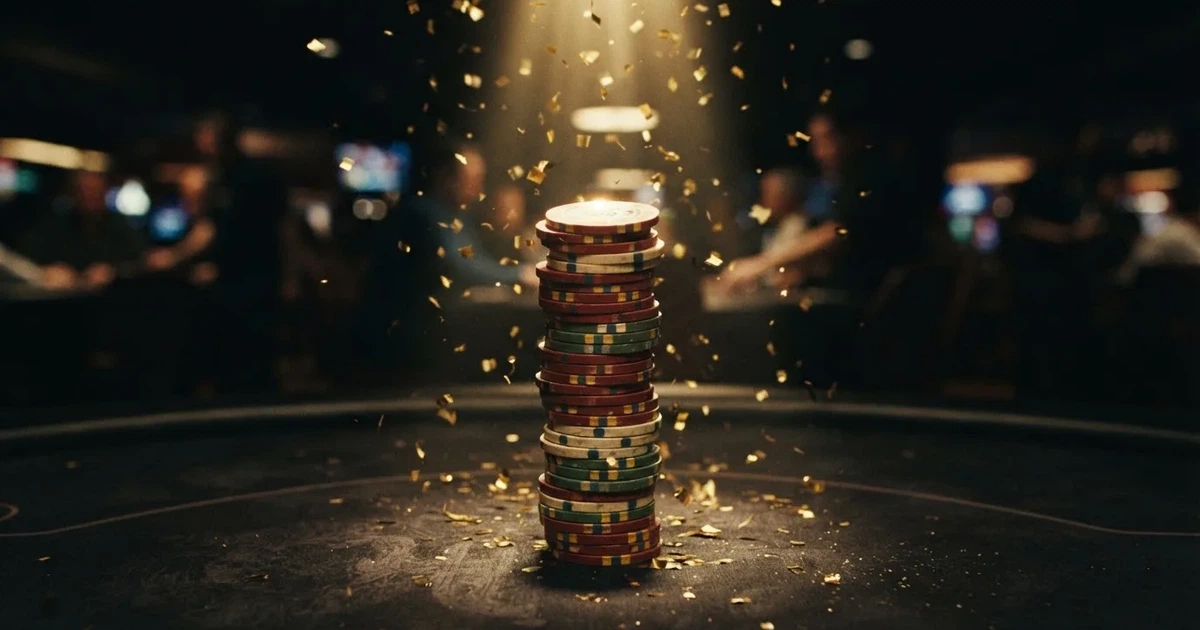 Guldkonfetti faller över spelmarker på ett svart bord, en ljuskägla träffar högens topp — casinon med gratis spins i sverige