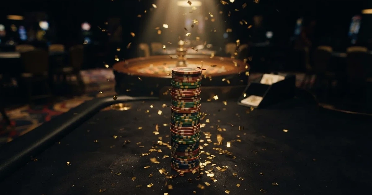 Guldkonfetti faller över spelmarker på ett svart bord, en ljuskägla träffar högens topp — casinon med gratissnurr