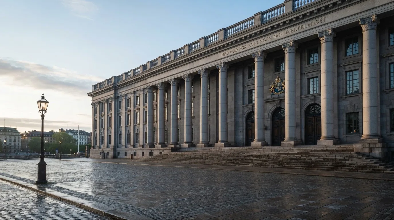 Stenfasad på en statlig byggnad i Stockholm vid gryning, höga pelare och ett tomt torg framför — casinon med gratissnurr