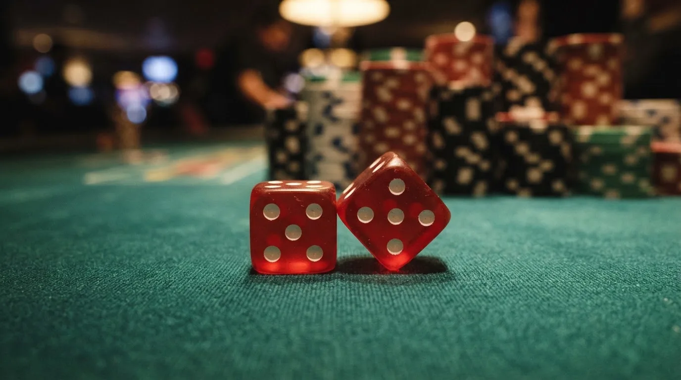Röda tärningar vilar på grönt filt, bakom dem suddiga torn av spelmarker i kvällsdunklet — casinon med jackpot i sverige