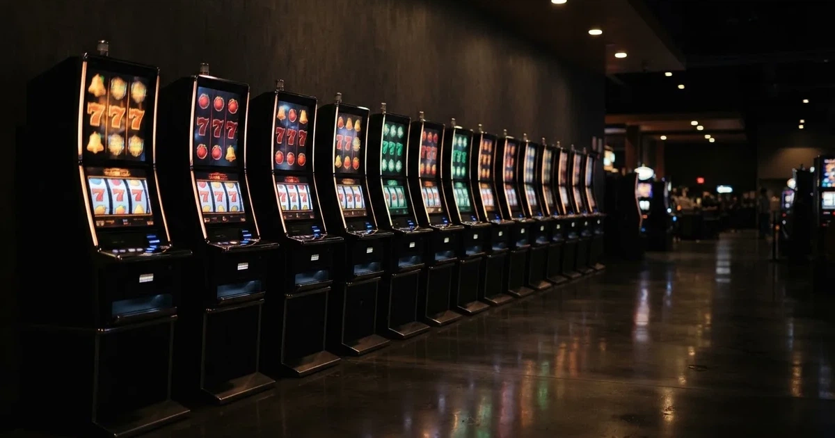 En rad spelskåp i en dunkel hall, rullarna lyser i olika färger och golvet speglar dem — casinon med jackpot i sverige