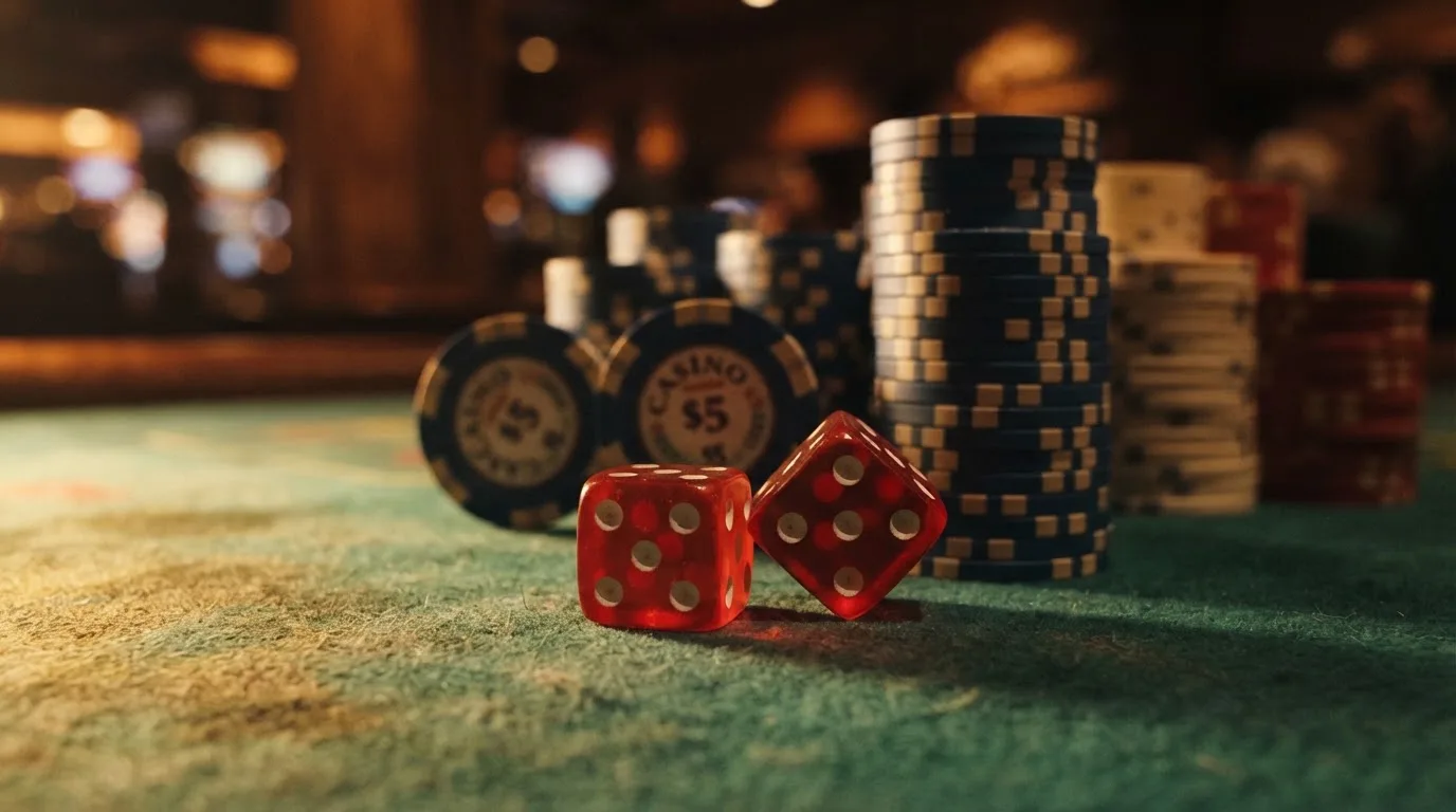 Röda tärningar vilar på grönt filt, bakom dem suddiga torn av spelmarker i kvällsdunklet — casinon med låg insättning