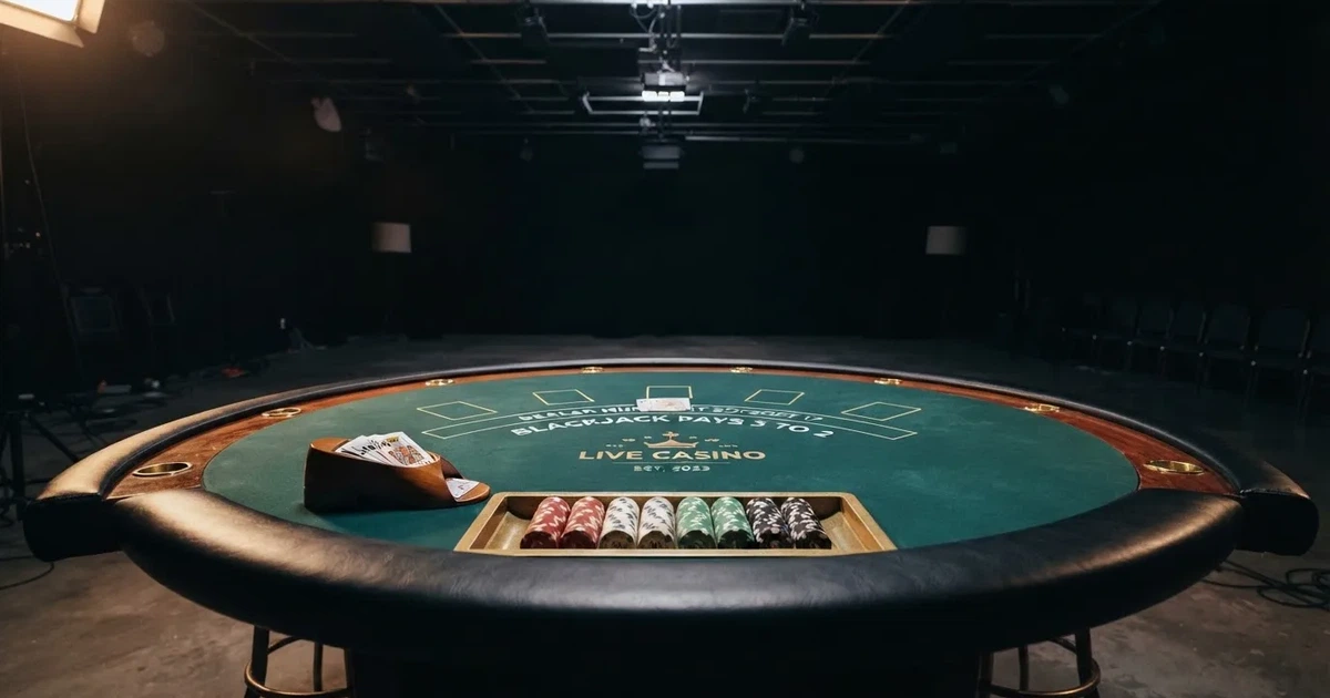 En studiomiljö med ett tomt spelbord täckt i grön filt, kortlekar och marker prydligt uppradade i mjuk belysning.
