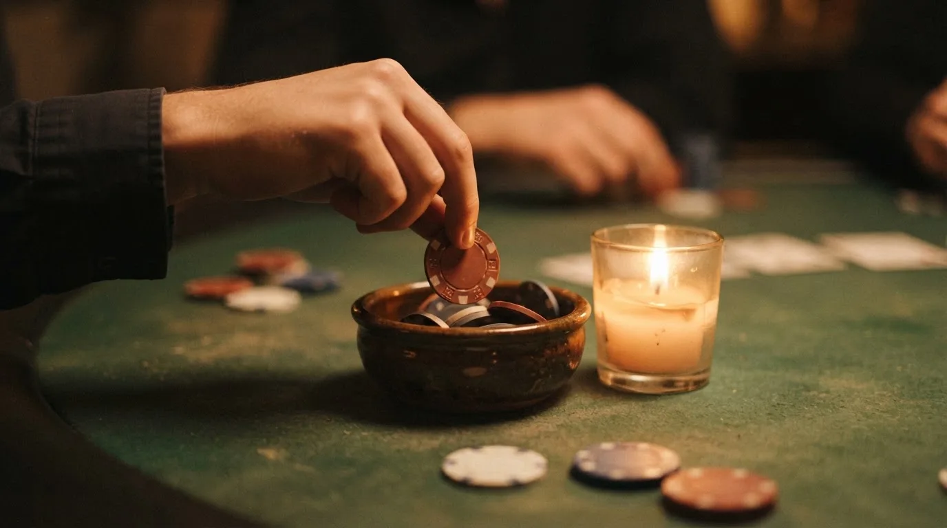 En hand lyfter en spelmark ur en skål, ljuslågan färgar bordet gyllenbrunt — casinon med roulette i sverige