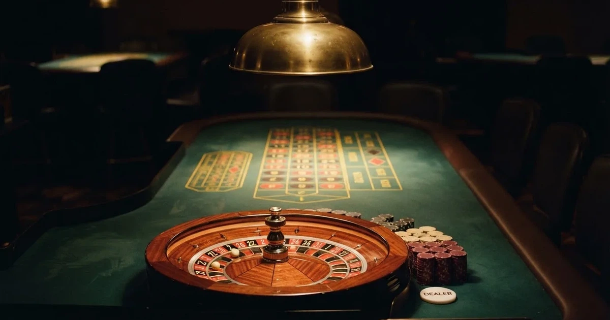 Ett ovalt pokerbord under en lågt hängande lampa, med spelmarker och en vit bricka i ljuset — casinon med roulette i sverige