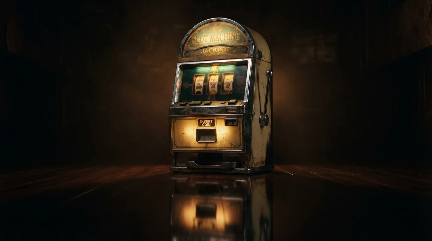 En gammal spelautomat lyser i den dunkla hallen och speglar sig i golvet — casinon med slots i sverige