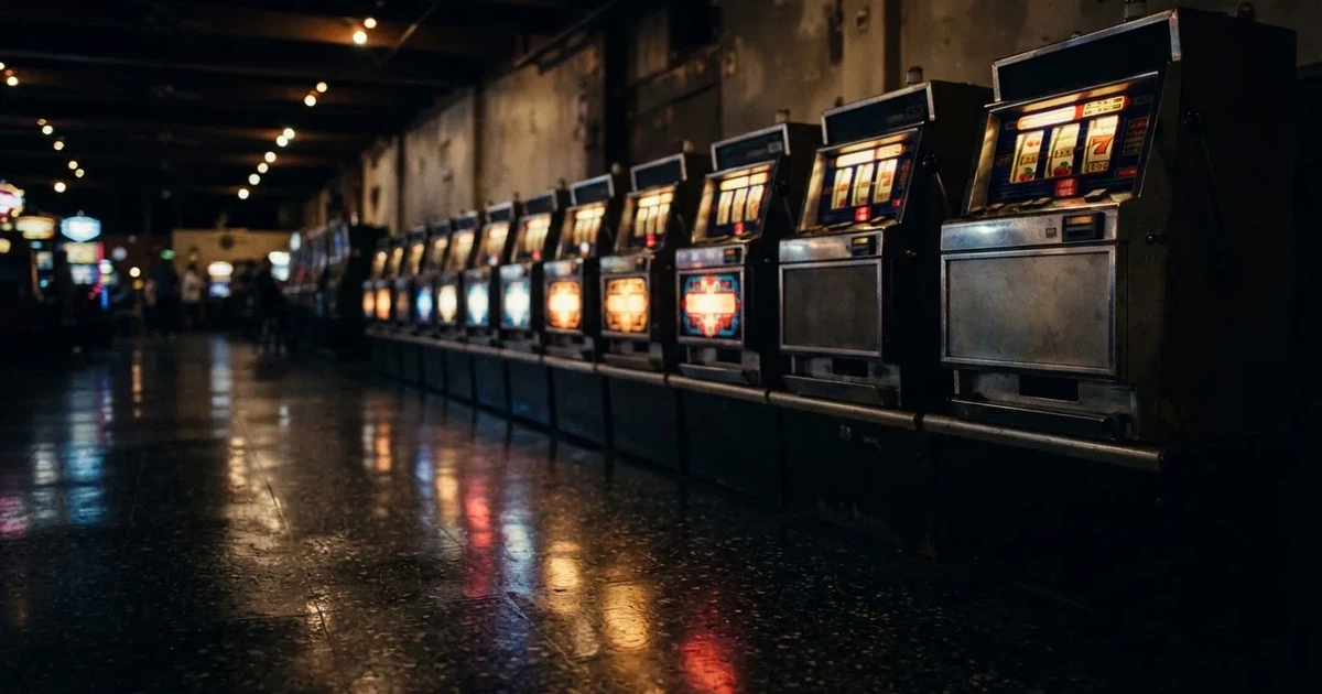 En rad spelskåp i en dunkel hall, rullarna lyser i olika färger och golvet speglar dem — casinon med slots i sverige