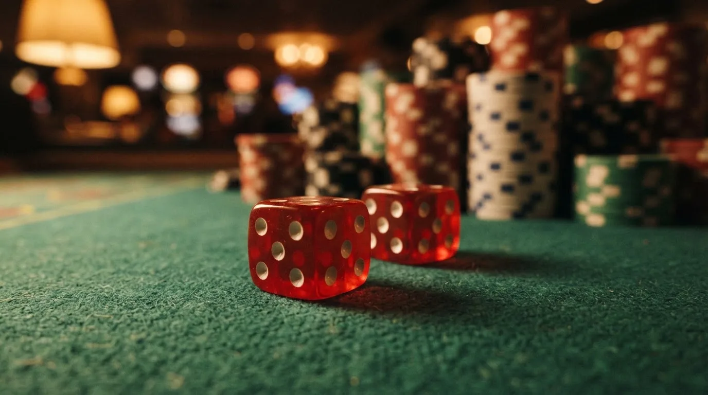 Röda tärningar vilar på grönt filt, bakom dem suddiga torn av spelmarker i kvällsdunklet — casinon med spelautomater i sverige