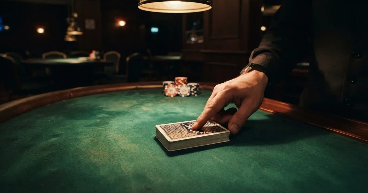 Croupierens händer blandar kort på grönt filt, taklampan speglas i den blanka kortbunten — casinon med spelautomater i sverige