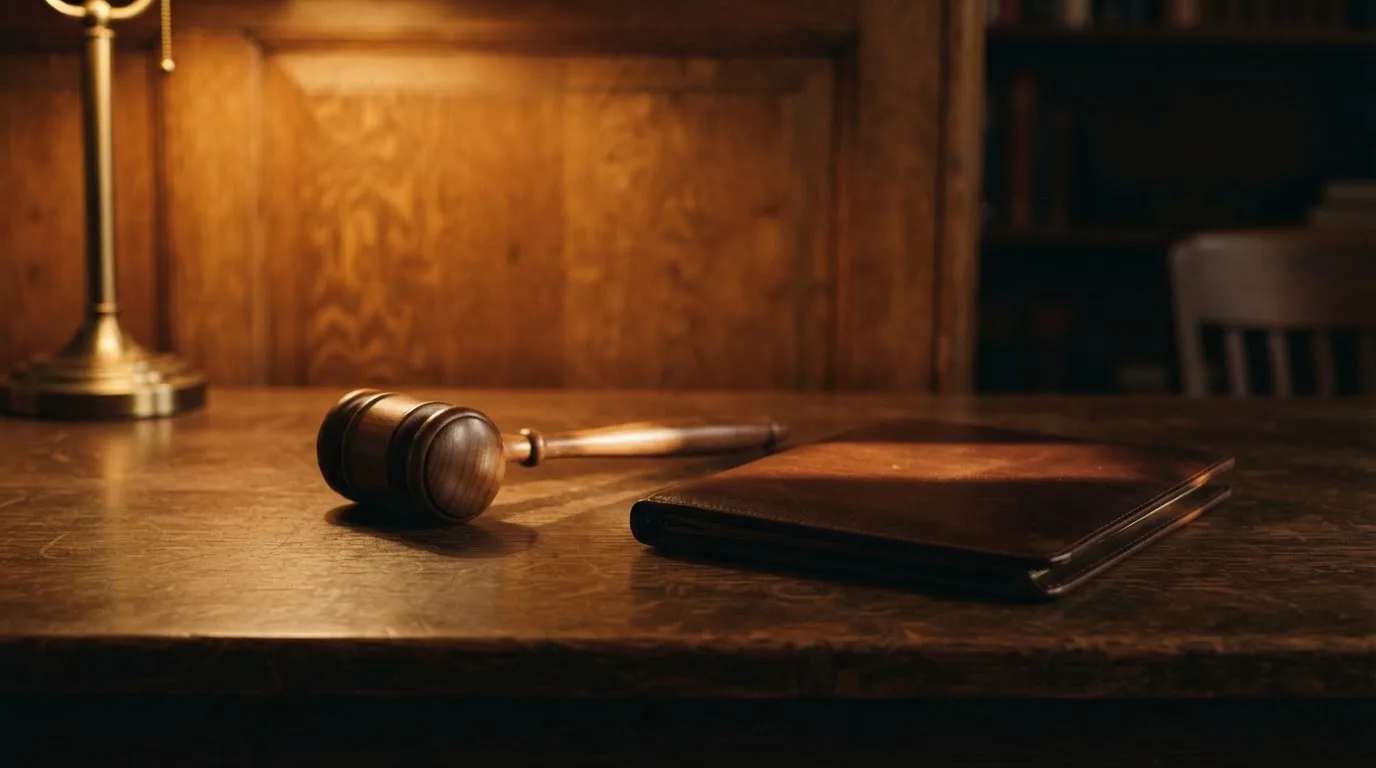 En domarklubba bredvid en sluten läderpärm på ett mörkt bord, ekpanel bakom — casinon med spelautomater i sverige