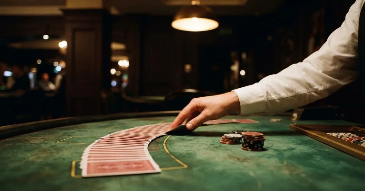 Croupierens händer blandar kort på grönt filt, taklampan speglas i den blanka kortbunten — casinon med störst vinstchans