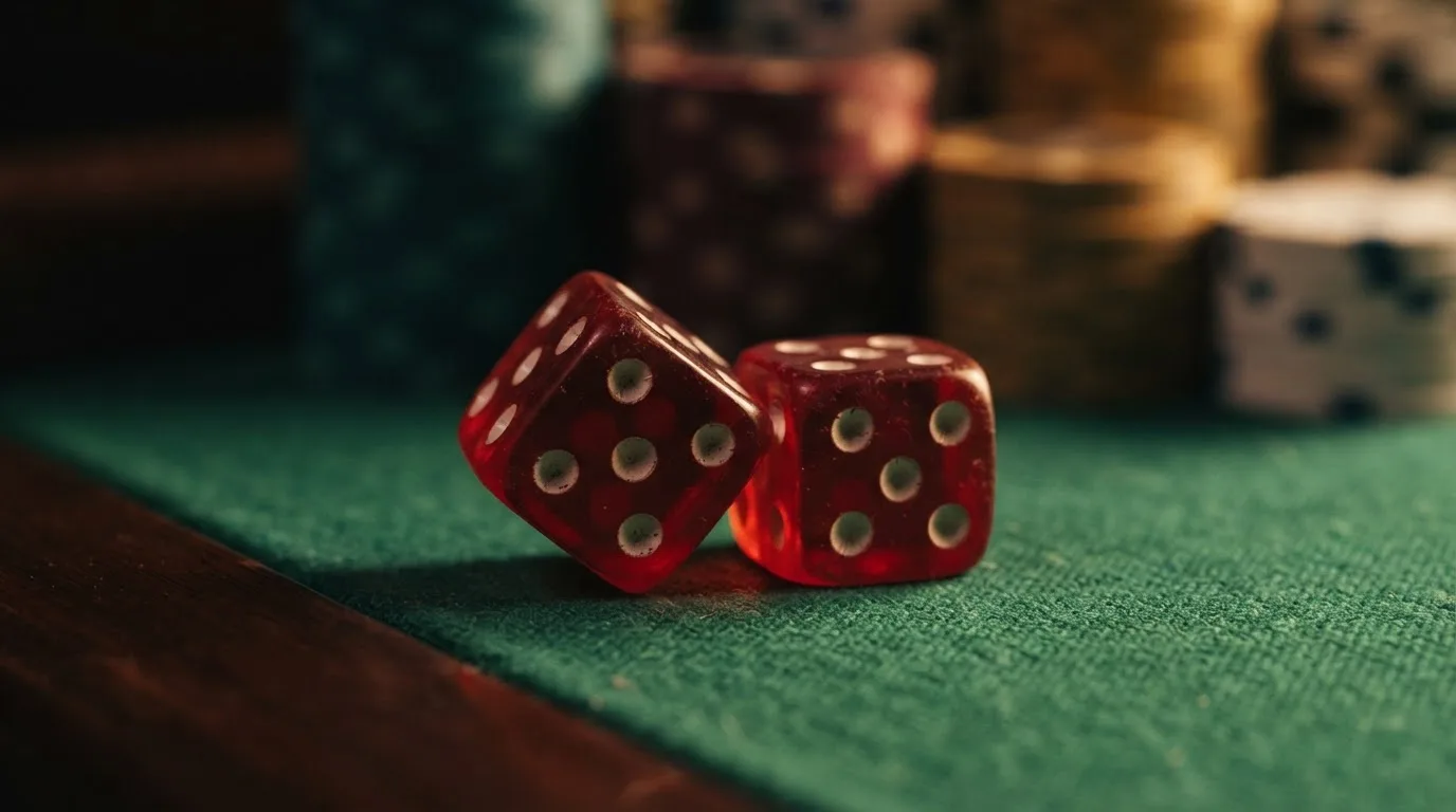 Röda tärningar vilar på grönt filt, bakom dem suddiga torn av spelmarker i kvällsdunklet — casinon med uttag i sverige