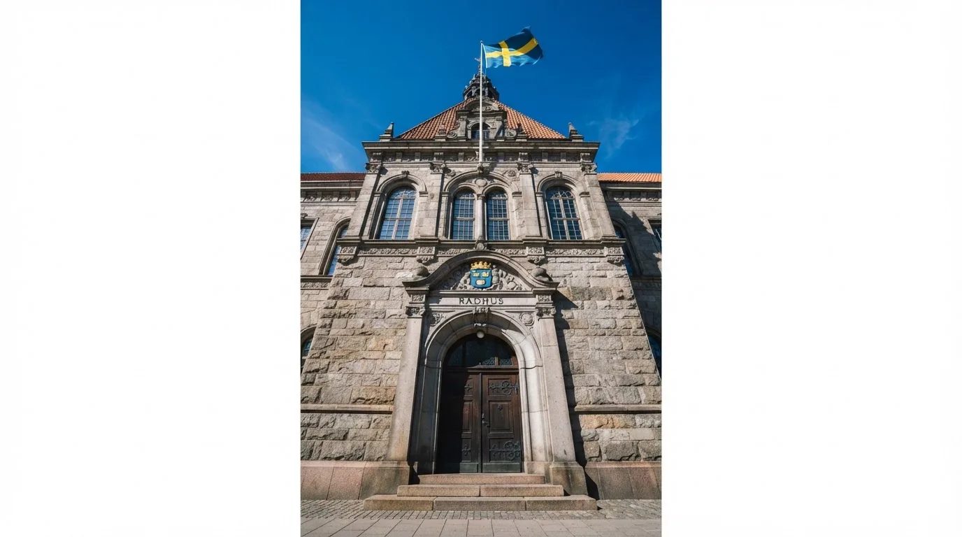 Ett gammalt stadshus i sten fotograferat underifrån mot en klarblå himmel, med den svenska flaggan som fladdrar ovanför entrén.