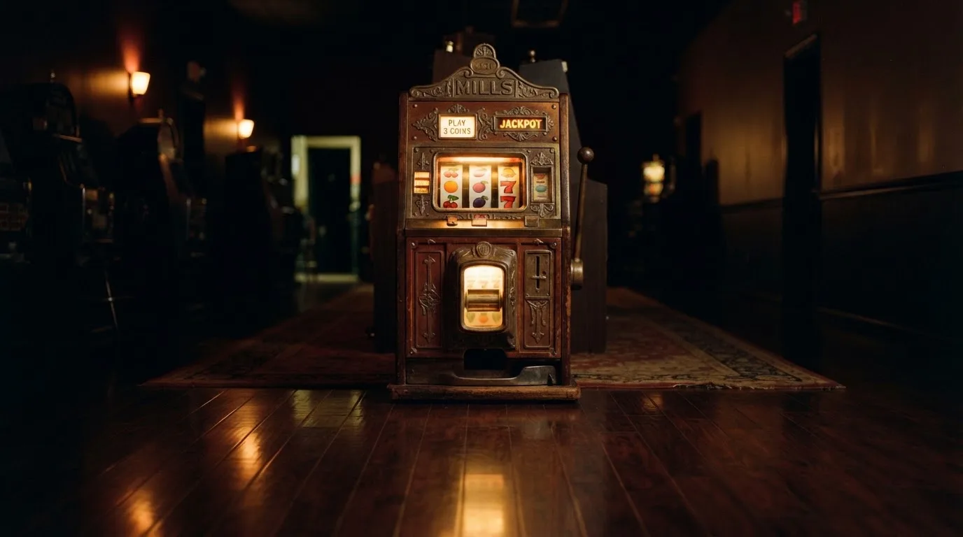 En gammal spelautomat lyser i den dunkla hallen och speglar sig i golvet — casinon med välkomsterbjudande