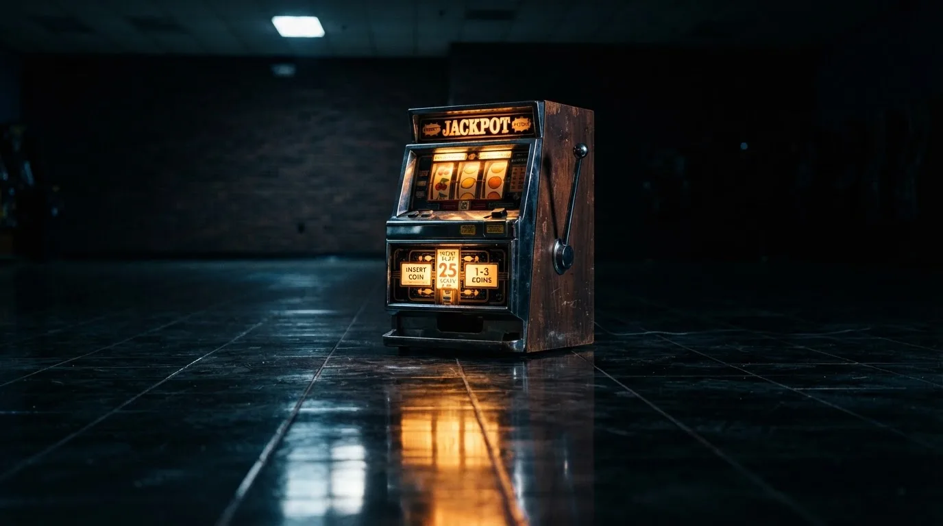 En gammal spelautomat lyser i den dunkla hallen och speglar sig i golvet — casinon utan bankid i sverige