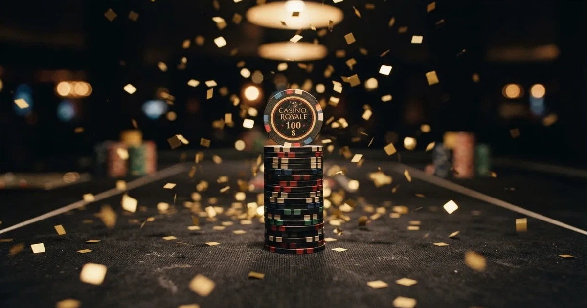 Guldkonfetti faller över spelmarker på ett svart bord, en ljuskägla träffar högens topp — casinon utan insättning i sverige