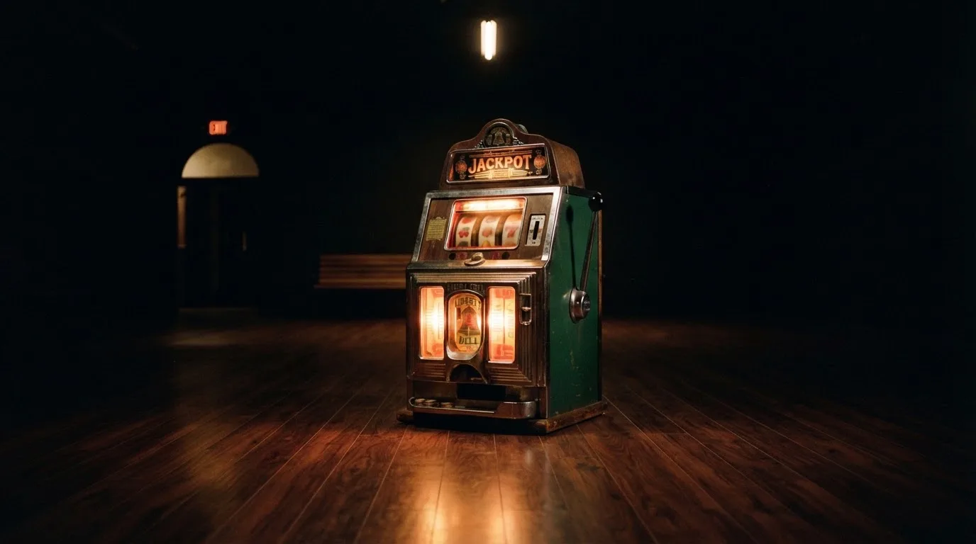 En gammal spelautomat lyser i den dunkla hallen och speglar sig i golvet — casinon utan omsättningskrav