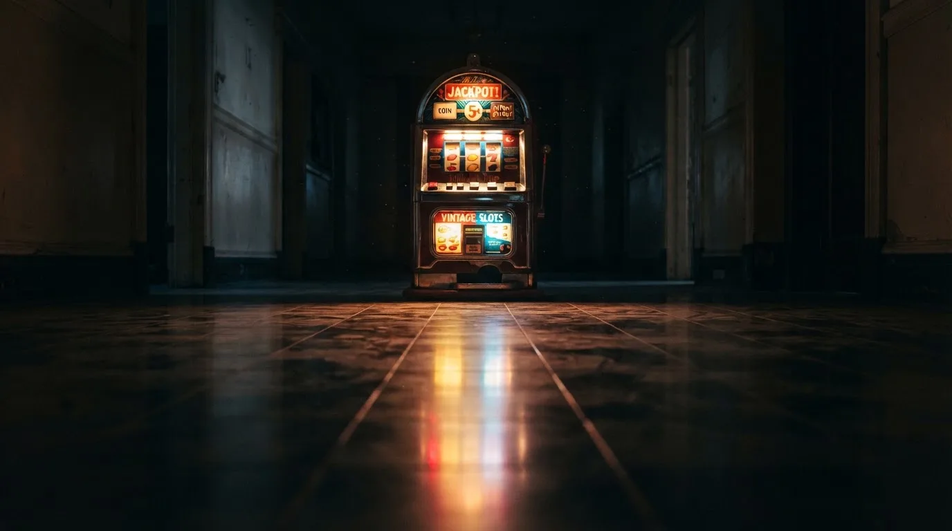 En gammal spelautomat lyser i den dunkla hallen och speglar sig i golvet — casinon utan spelgräns i sverige