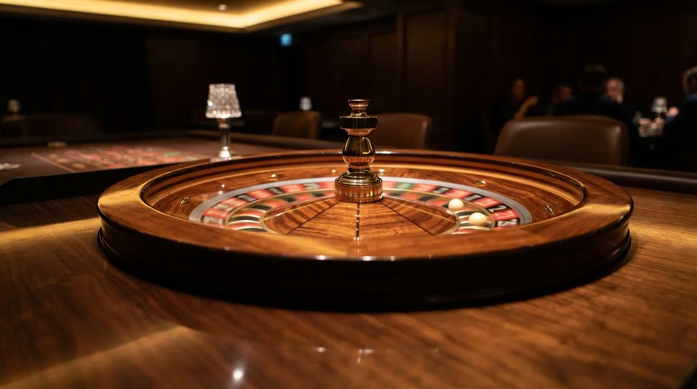 Ett roulettehjul snurrar på ett blankt träbord, den vita kulan glimmar i takljusets guld — casinon utomlands för svenskar