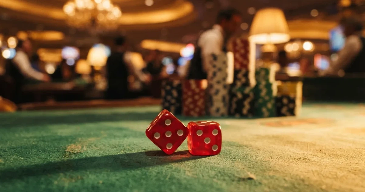 Röda tärningar vilar på grönt filt, bakom dem suddiga torn av spelmarker i kvällsdunklet — casinospel i sverige