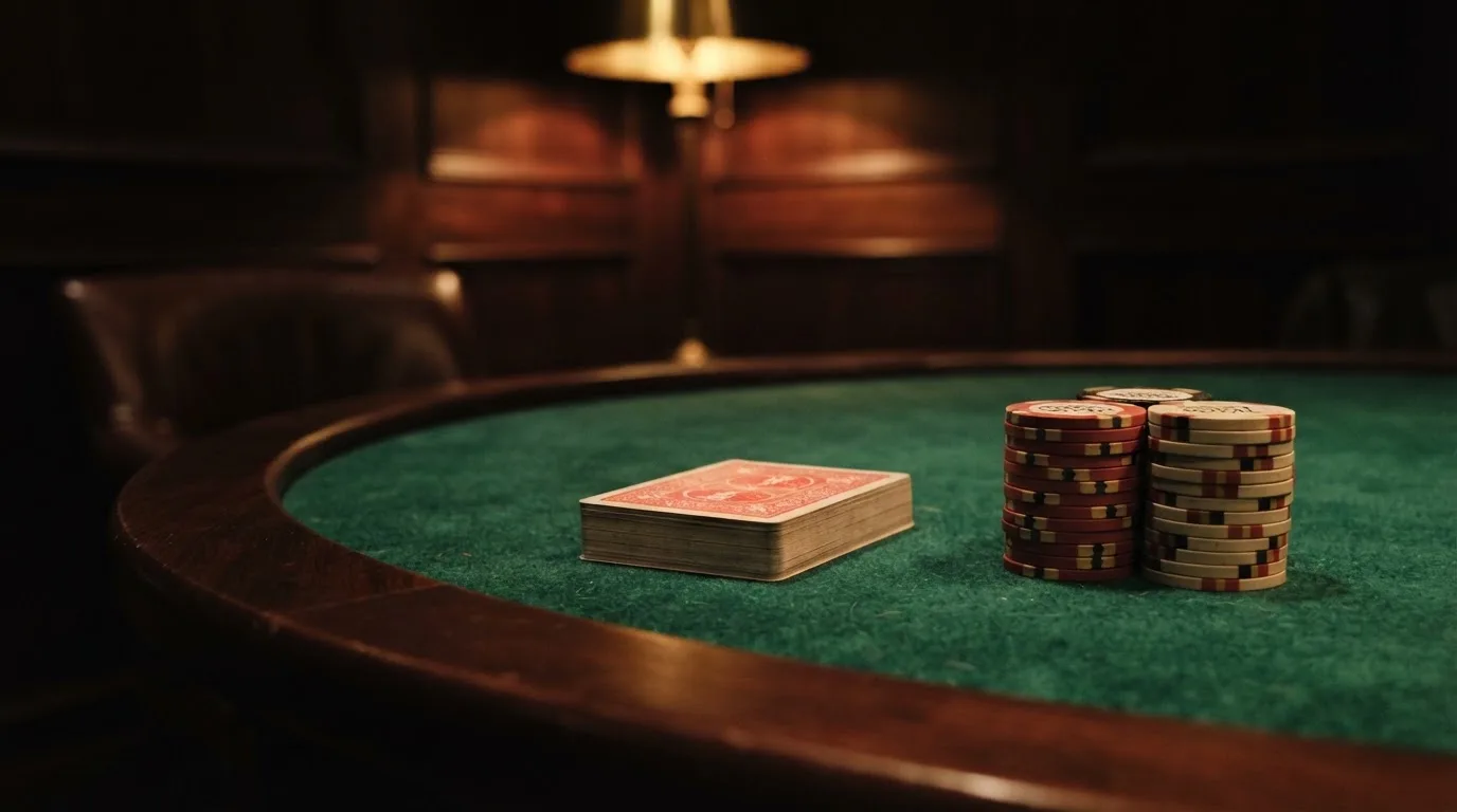 Kortlek och staplar av spelmarker på ett grönt filtbord i en dunkel salong, varmt lampsken — casinostugan för svenskar