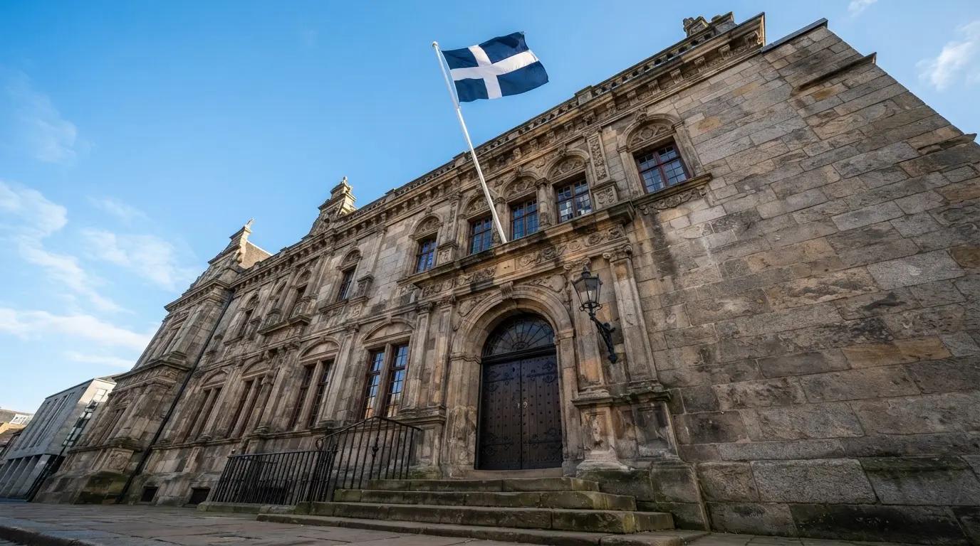 Ett gammalt stadshus i sten fotograferat underifrån mot en klarblå himmel, med den svenska flaggan som fladdrar ovanför entrén.