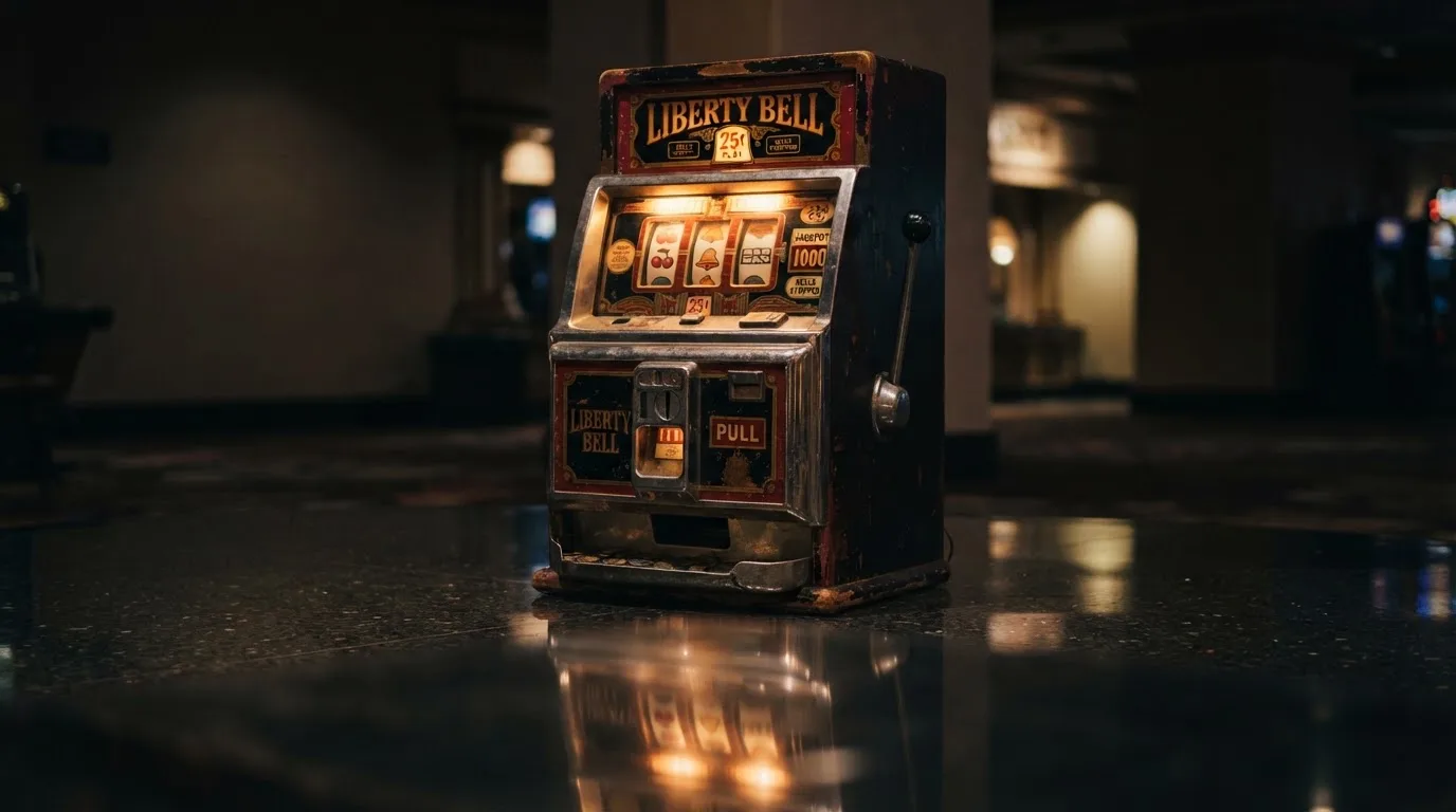 En gammal spelautomat lyser i den dunkla hallen och speglar sig i golvet — hur fungerar casino på nätet