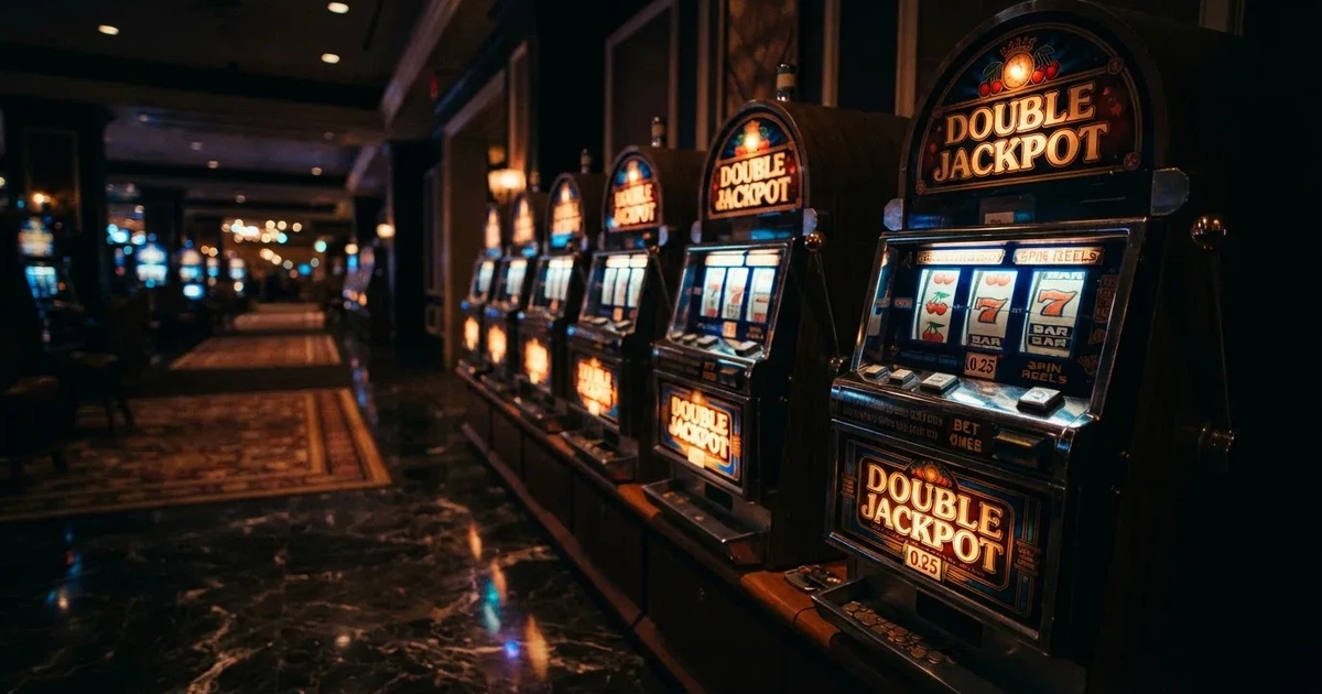 En rad spelskåp i en dunkel hall, rullarna lyser i olika färger och golvet speglar dem — hur fungerar casino på nätet