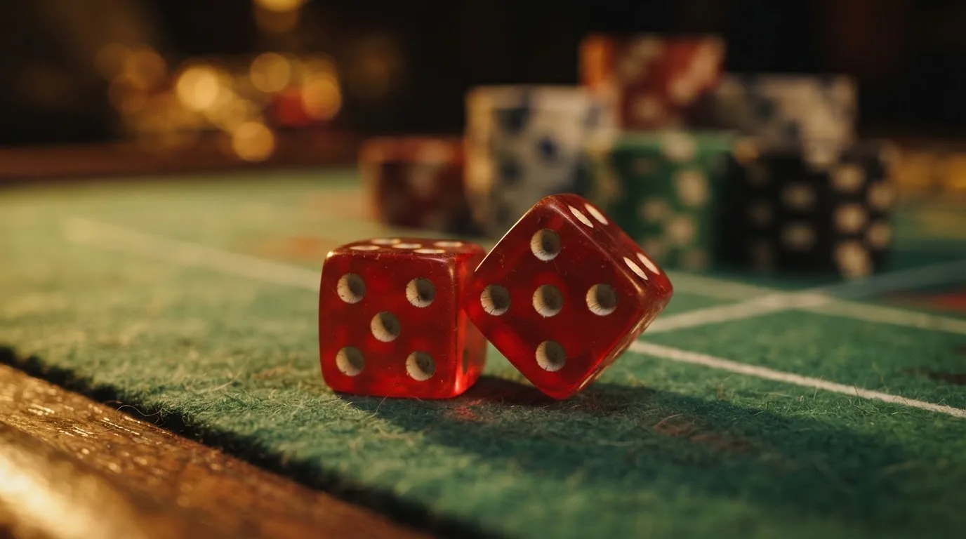 Röda tärningar vilar på grönt filt, bakom dem suddiga torn av spelmarker i kvällsdunklet — hur man vinner på casino