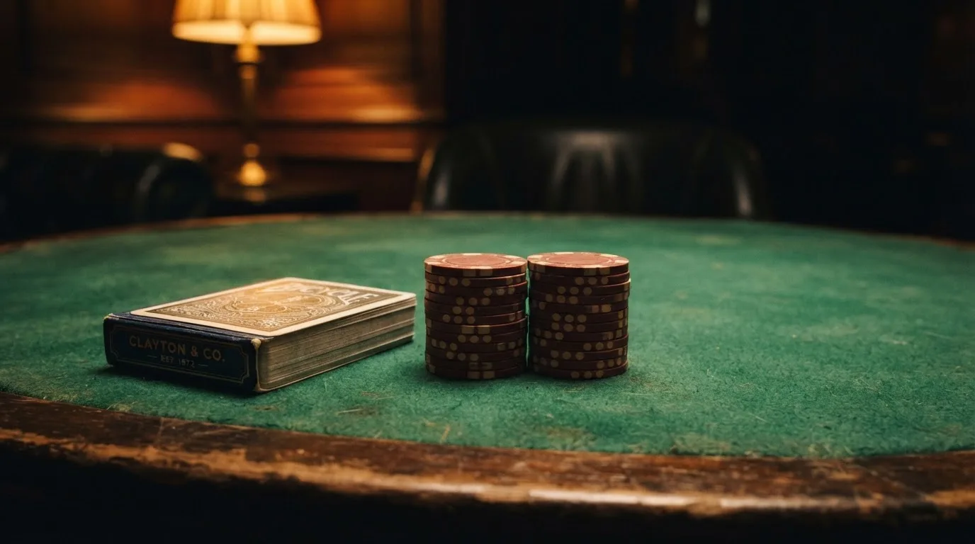 Kortlek och staplar av spelmarker på ett grönt filtbord i en dunkel salong, varmt lampsken — jämförelse av casinon i sverige