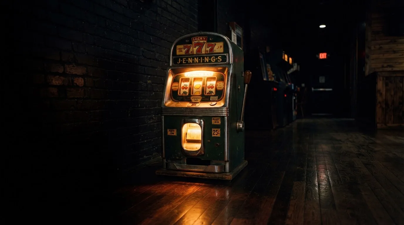 En gammal spelautomat lyser i den dunkla hallen och speglar sig i golvet — kampanjer på casinon i sverige