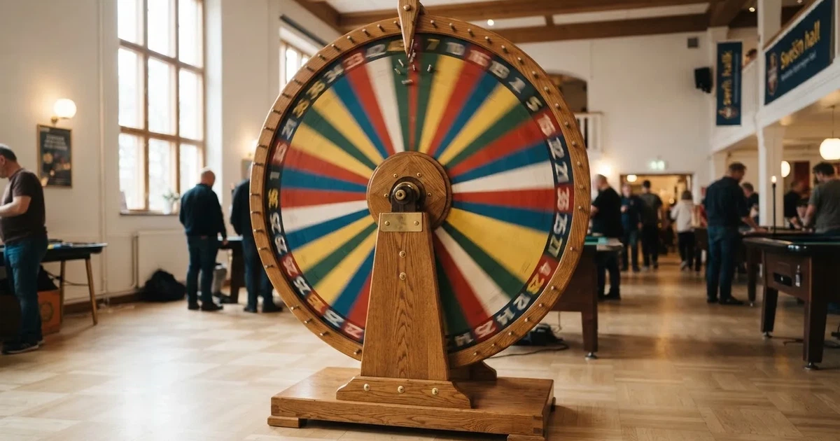 Ett lyckohjul med träpil snurrar i ett ljust rum, de färgglada fälten suddiga av farten — kampanjer på casinon i sverige