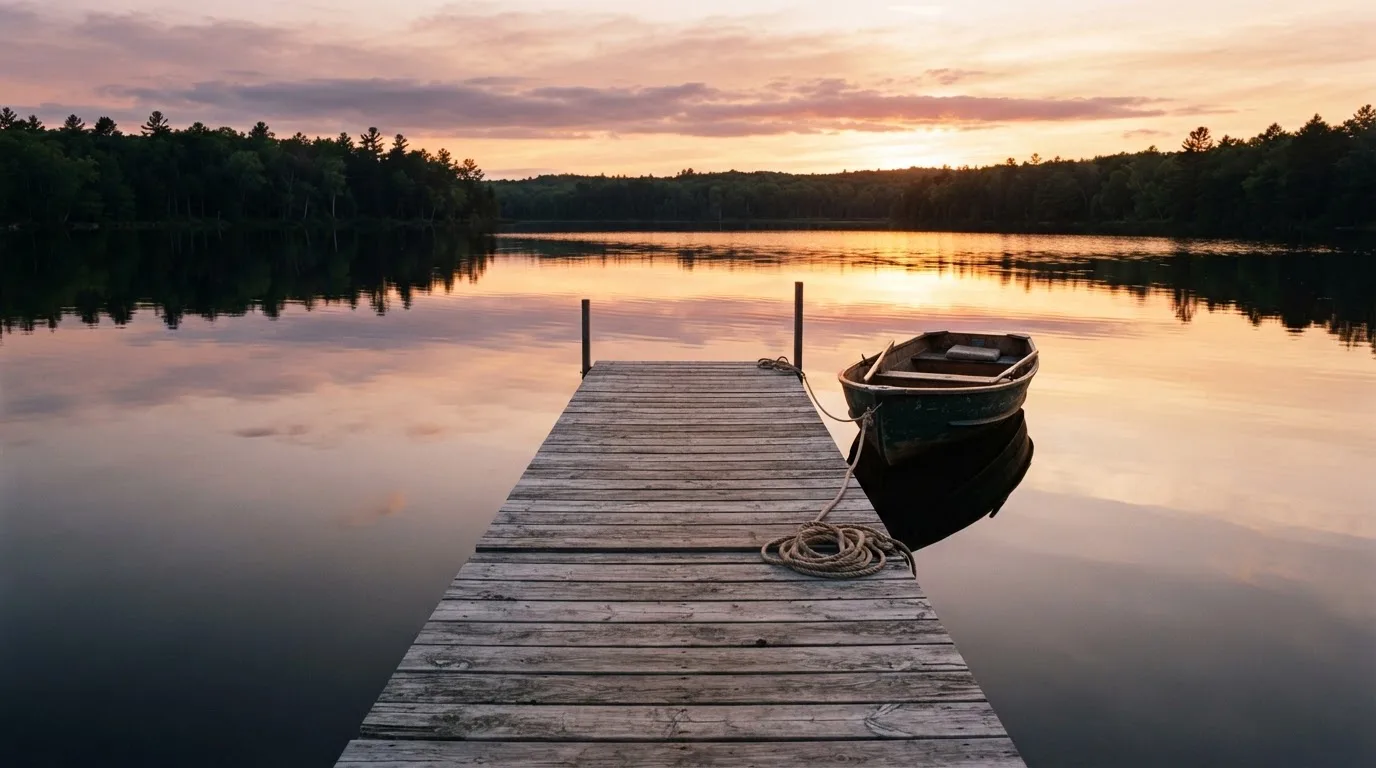 En brygga vid en stilla sjö i solnedgång, roddbåten förtöjd och molnen speglas i vattnet — kasinospel i sverige