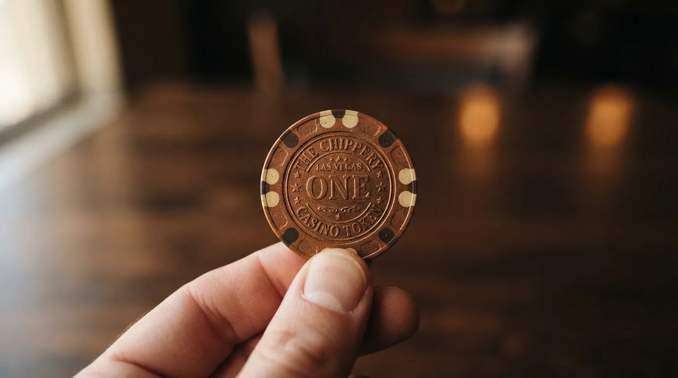 Ett litet kopparmynt mellan fingrarna på en hand, närbild — svenska casinon med bitcoin