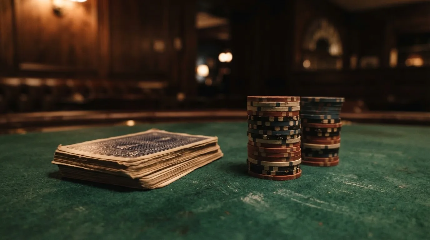 Kortlek och staplar av spelmarker på ett grönt filtbord i en dunkel salong, varmt lampsken — kortspel på ett kasino