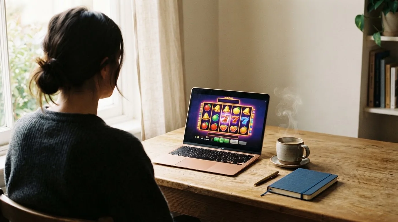 En person sitter vid ett skrivbord hemma med en kopp kaffe och tittar ut genom fönstret i mjukt morgonljus.