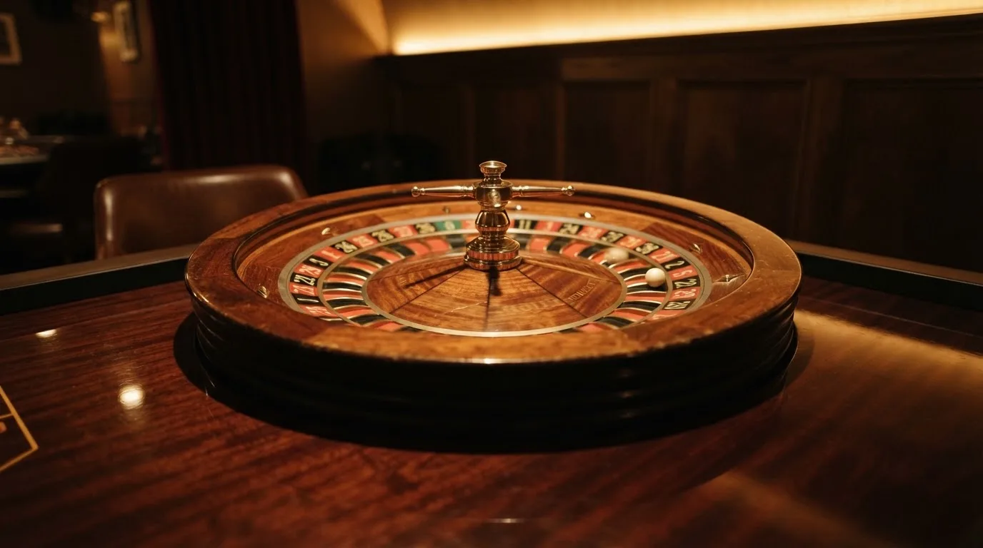 Ett roulettehjul snurrar på ett blankt träbord, den vita kulan glimmar i takljusets guld — live blackjack i sverige