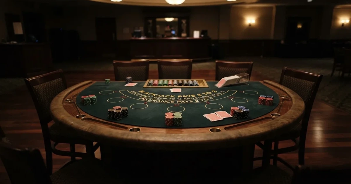 Ett halvmåneformat kortbord i en tyst sal, spelmarker framför varje plats och mjukt takljus — live blackjack i sverige
