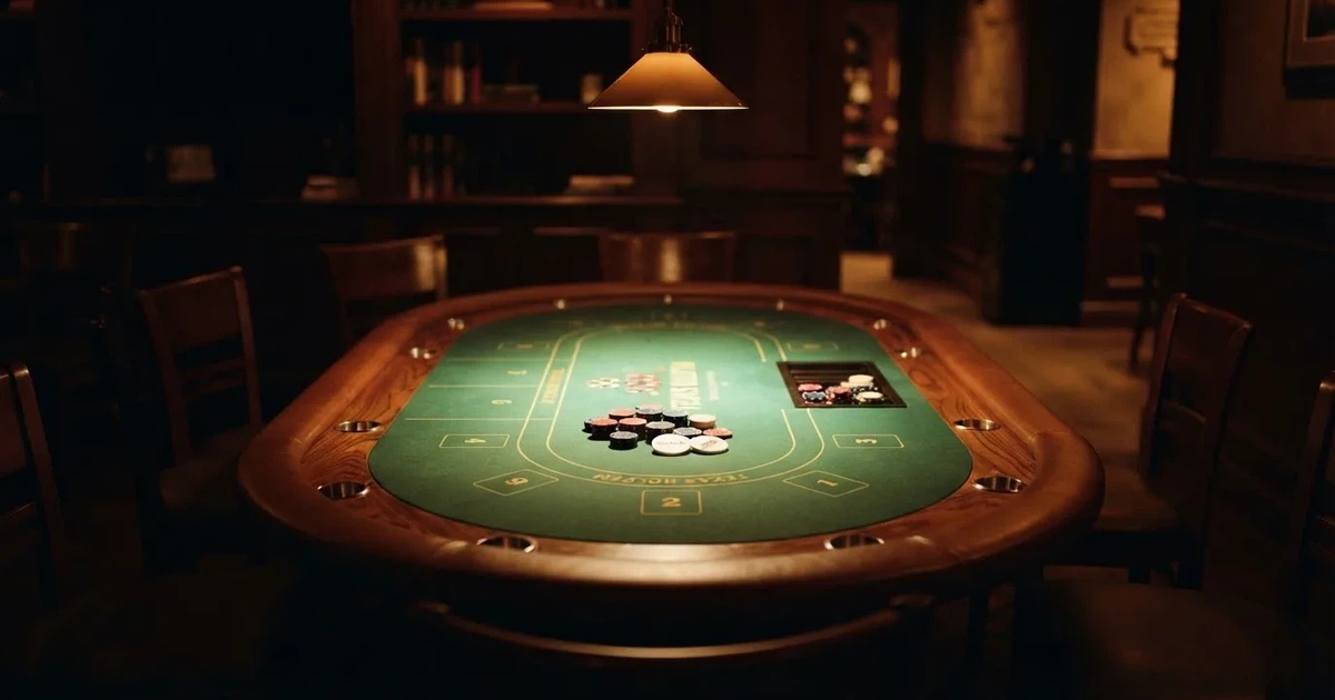 Ett ovalt pokerbord under en lågt hängande lampa, med spelmarker och en vit bricka i ljuset — live kasino i sverige