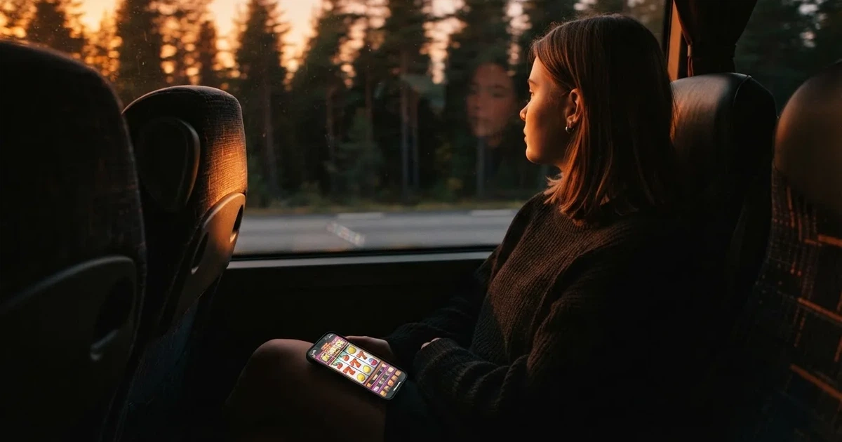 En passagerare vid bussfönstret med en stängd mobil i knät, granar flimrar förbi i solnedgång — mobil kasino i sverige