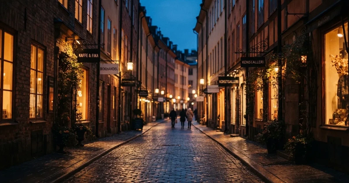 En stadsgata fotograferad i skymning med suddiga ljus från fönster i byggnader längs båda sidor.
