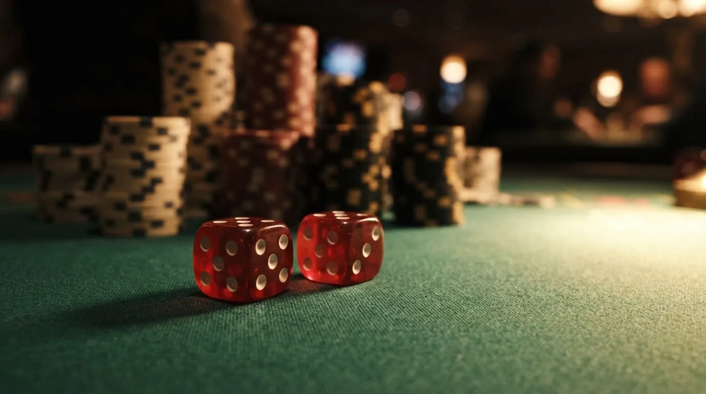 Röda tärningar vilar på grönt filt, bakom dem suddiga torn av spelmarker i kvällsdunklet — nytt casinon i sverige