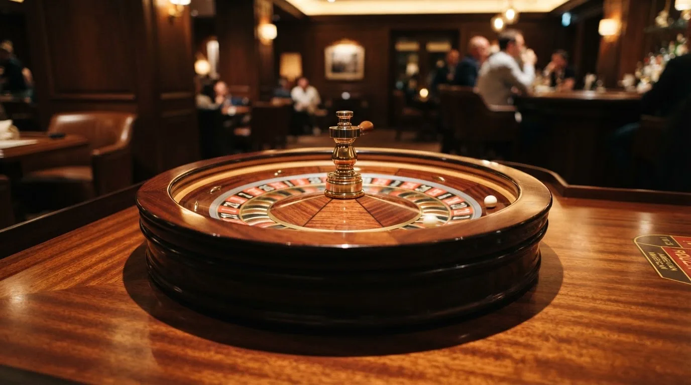 Ett roulettehjul snurrar på ett blankt träbord, den vita kulan glimmar i takljusets guld — online blackjack i sverige