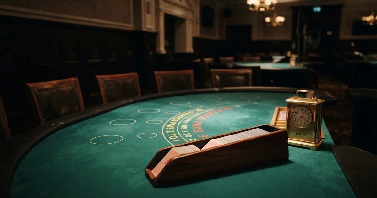 Grönt filt och en lång kortlåda av trä vid bordskanten, bredvid en blank mässingsklocka — online blackjack i sverige