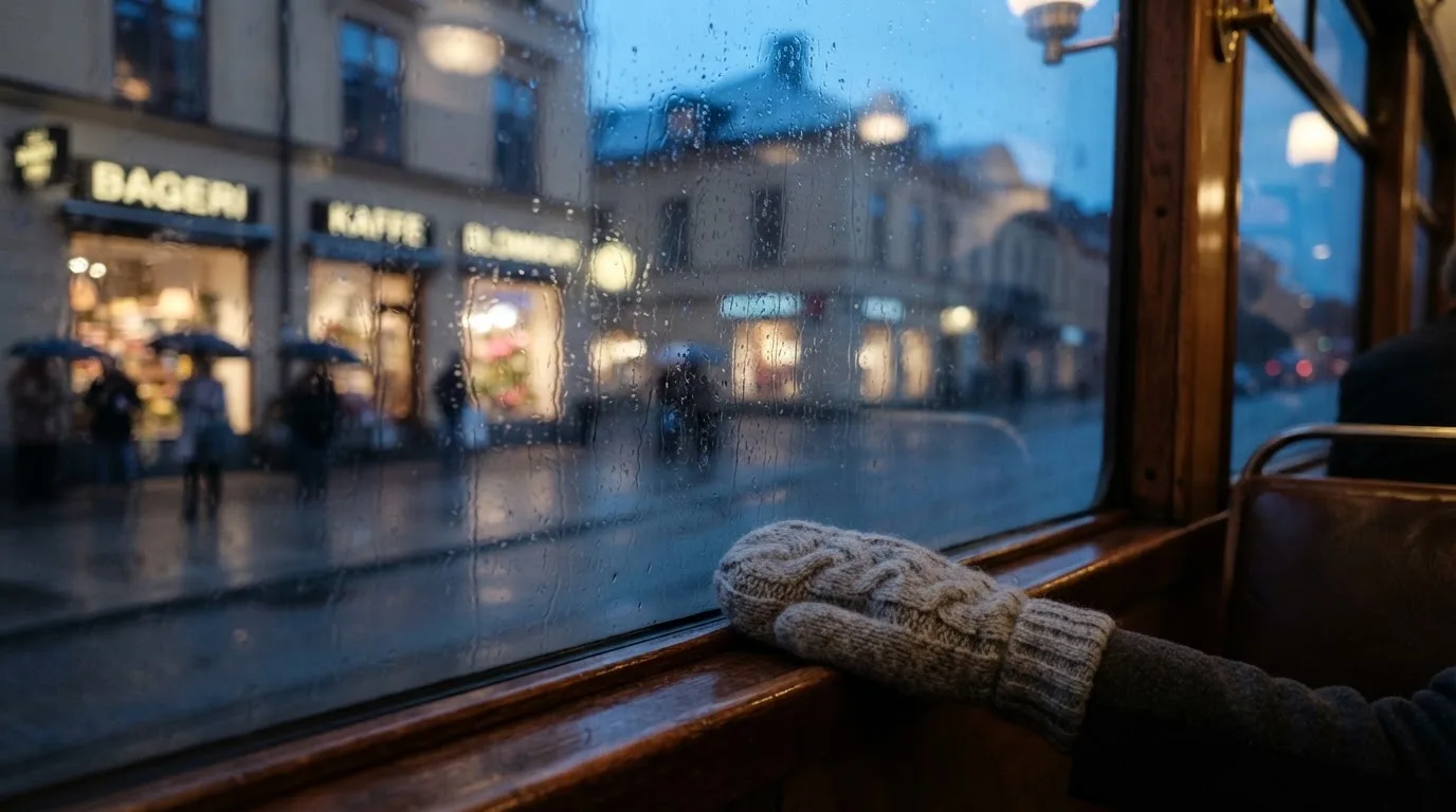 Regndroppar på en spårvagnsruta, bakom glaset en blånande gata, en mjuk yllevante i handen — online kasino i sverige