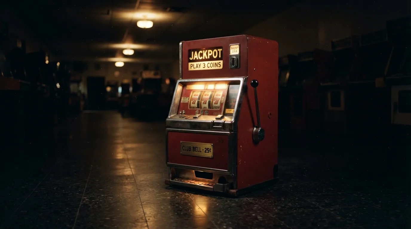 En gammal spelautomat lyser i den dunkla hallen och speglar sig i golvet — populära casinon i sverige