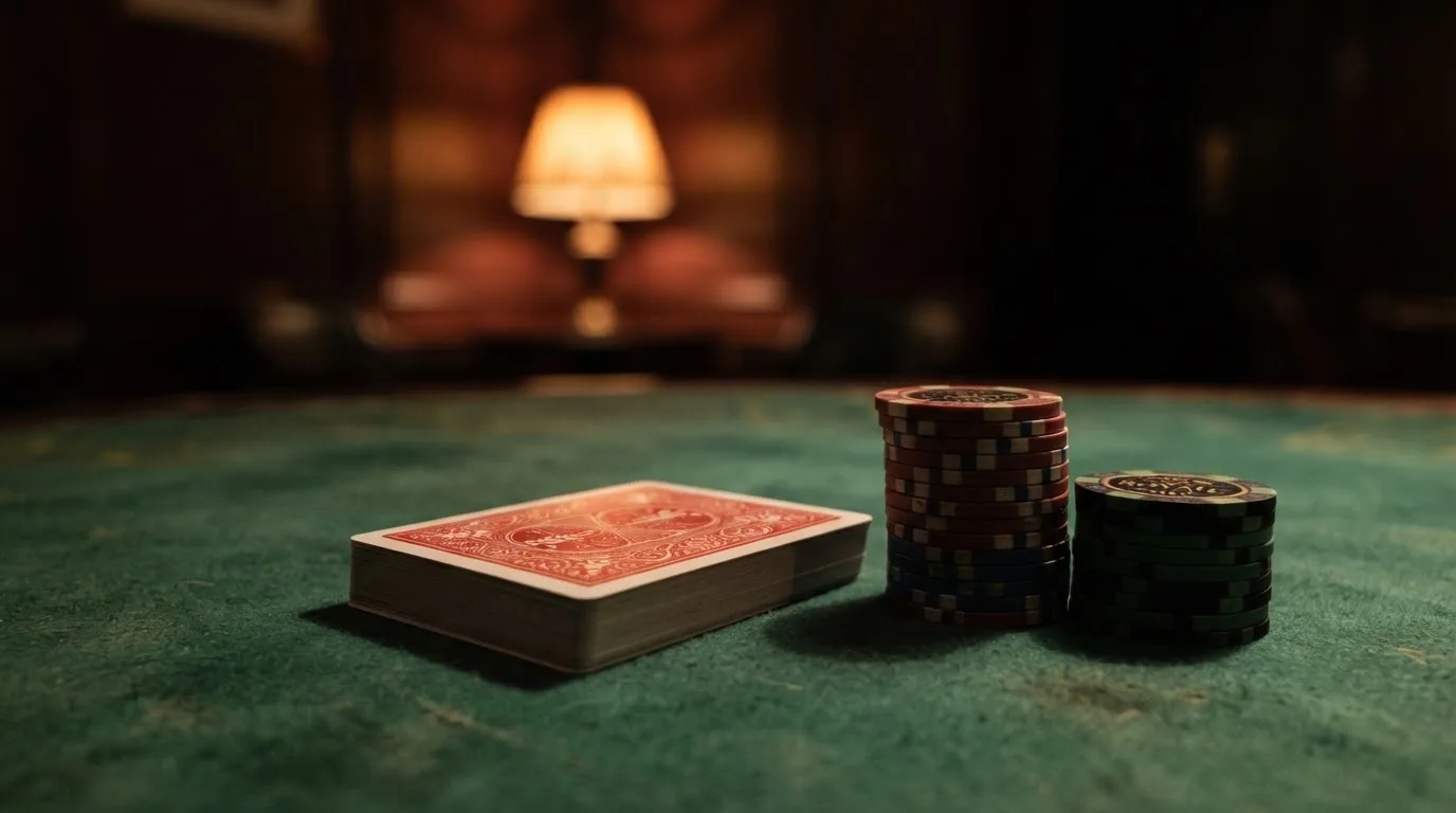 Kortlek och staplar av spelmarker på ett grönt filtbord i en dunkel salong, varmt lampsken — roulette gratis i sverige