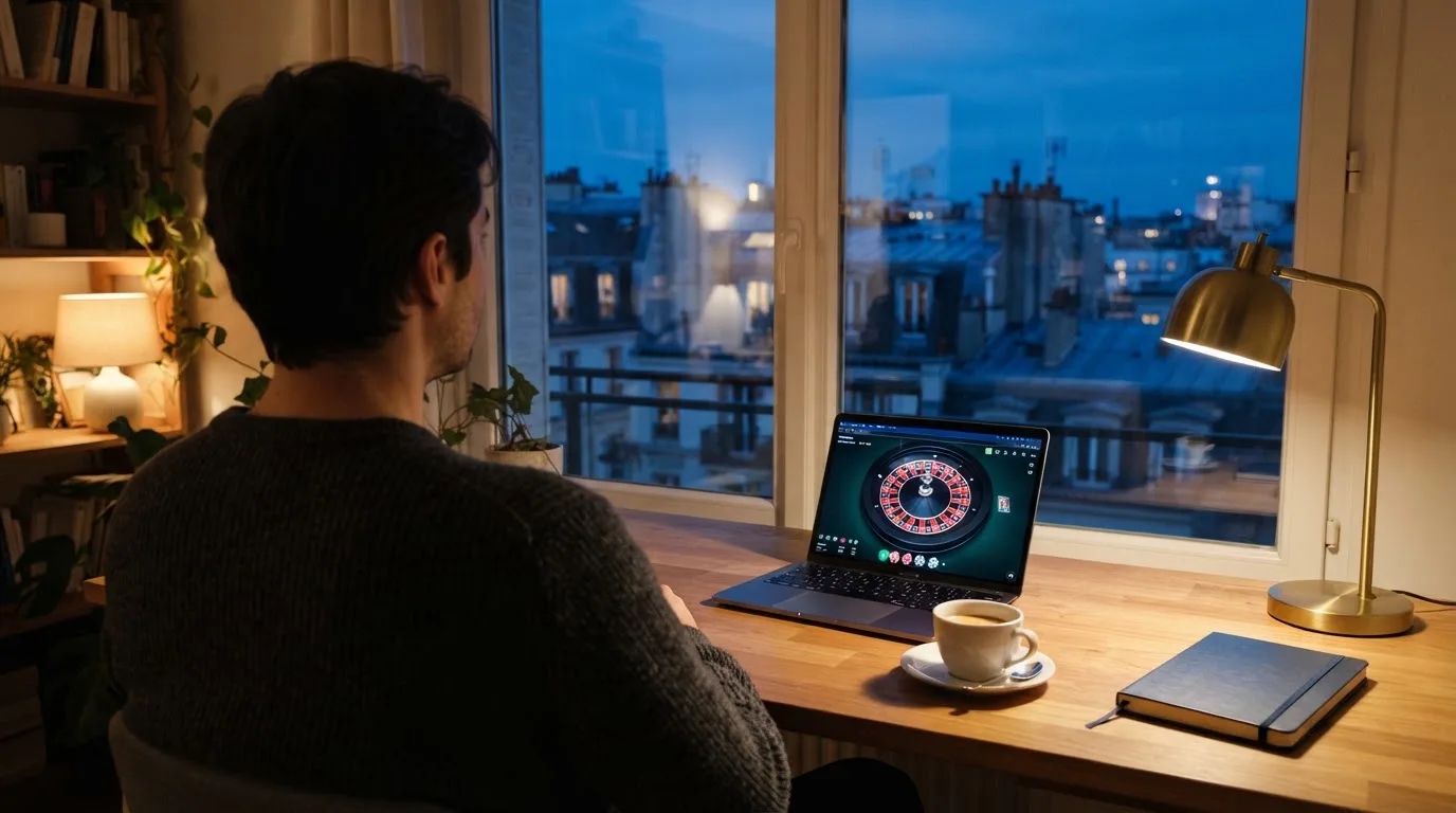 En person sitter vid ett skrivbord hemma med en kopp kaffe och tittar ut genom fönstret medan kvällsljuset faller in mjukt.