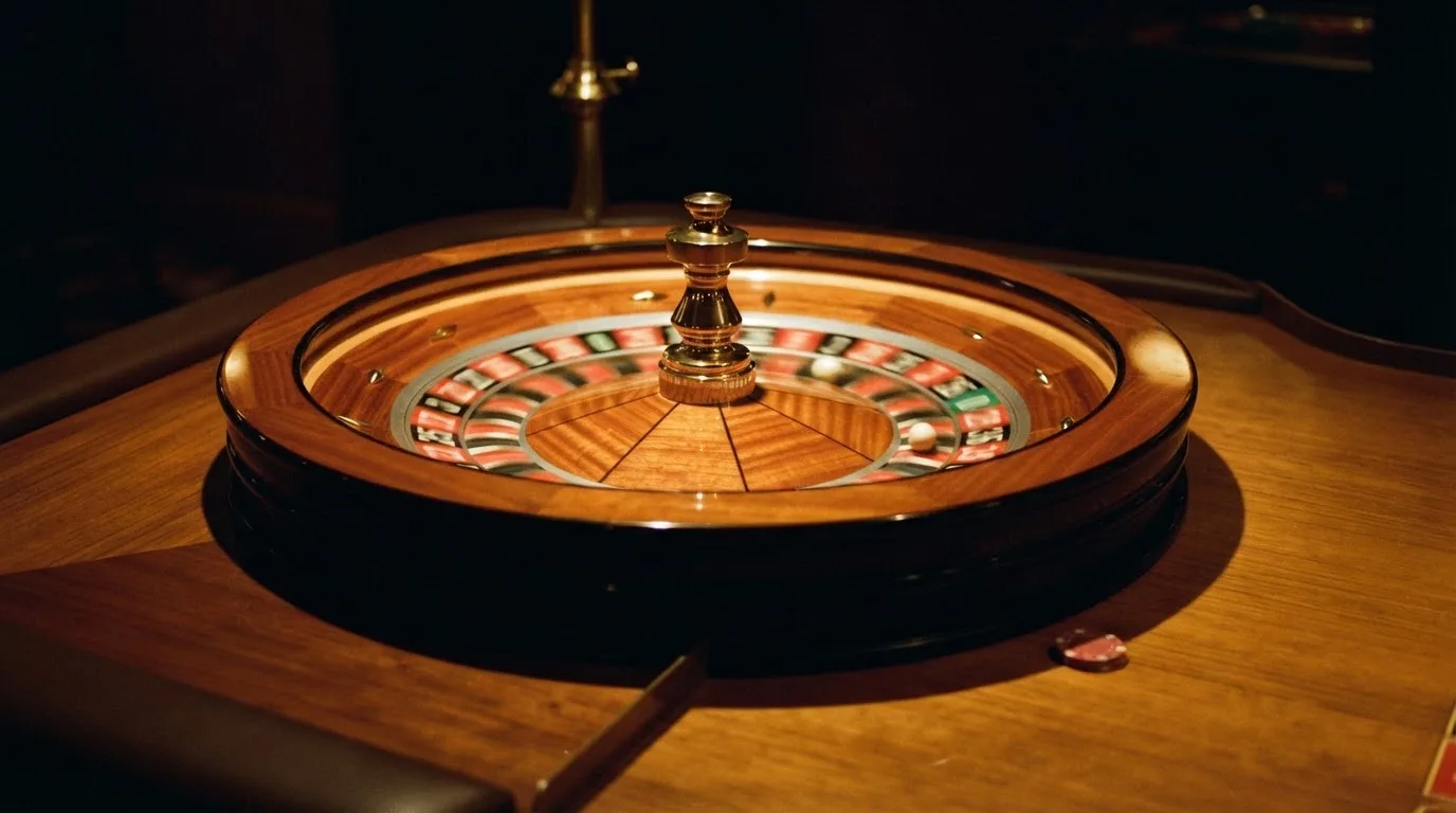 Ett roulettehjul snurrar på ett blankt träbord, den vita kulan glimmar i takljusets guld — roulette på nätet i sverige