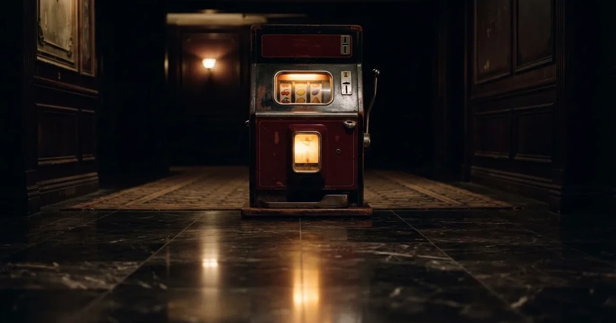 En gammal spelautomat lyser i den dunkla hallen och speglar sig i golvet — säkra casinon i sverige